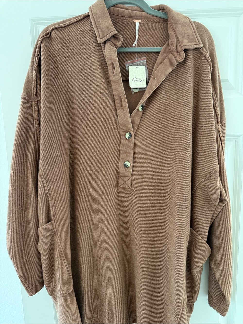 Free People Wilder Oversize Long Sleeve Cotton Polo - Brown - Picture 1 of 4